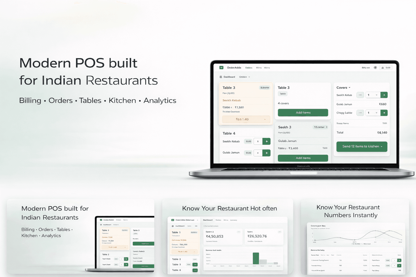 OrderAdda hero showcase with product UI for Indian restaurants