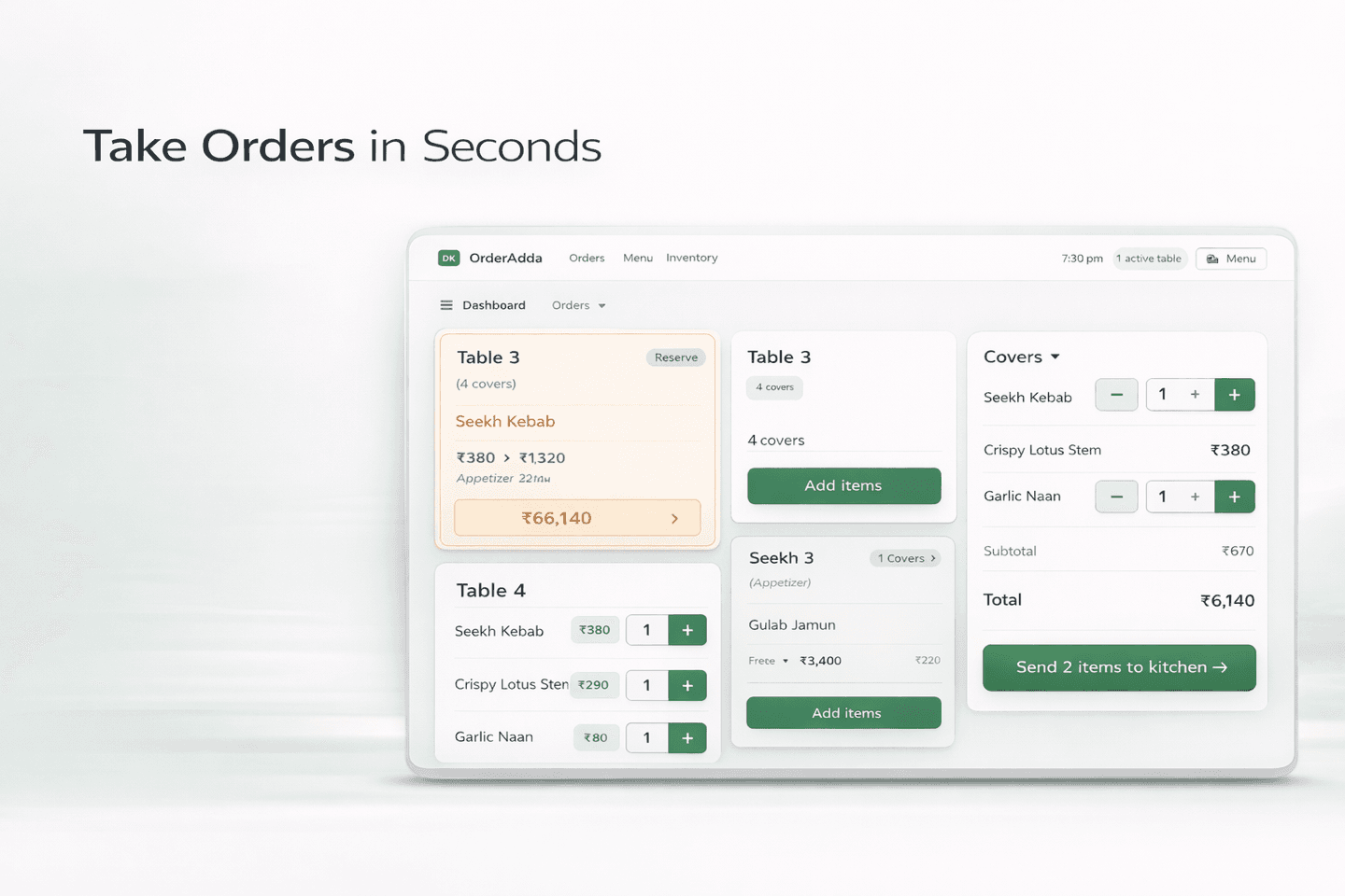 OrderAdda order-taking screen for restaurant service