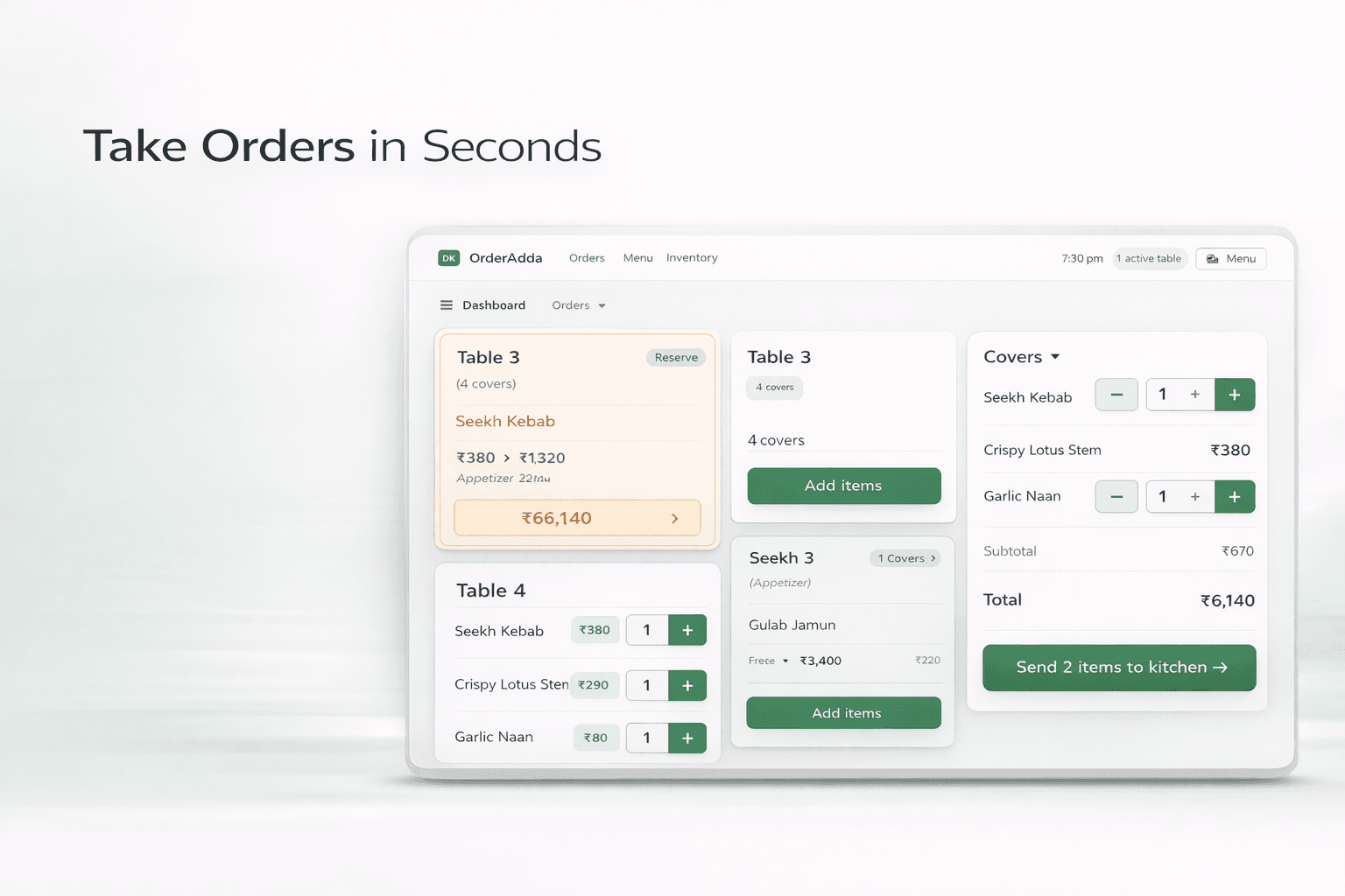 OrderAdda kitchen display — ticket timers, ready states, and station routing